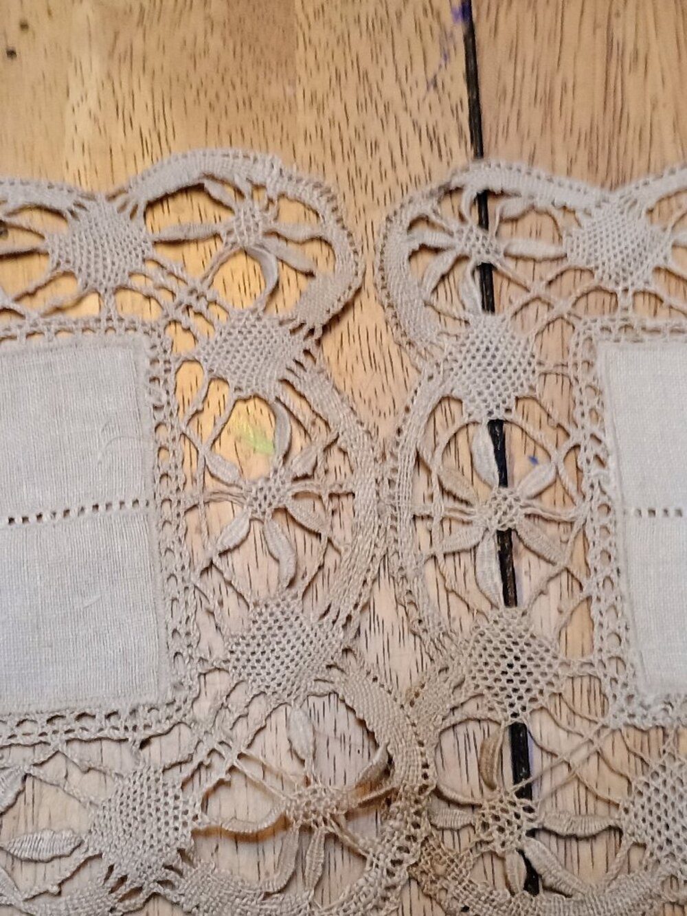 2 Vintage handmade matching square table doilies